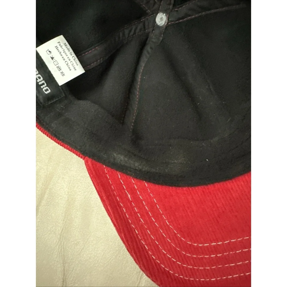 Vintage Shimano Fishing Cotton Red Black Corduroy Spell Out Front & Back Cap Hat